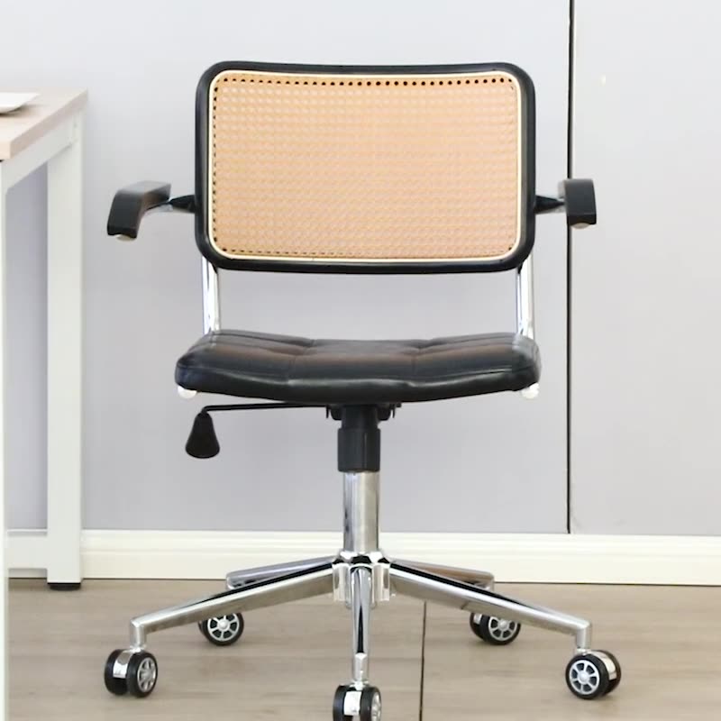 Contemporary Retro Weaving Rattan PU Steel Alloy Liftable Square Desk Chair Backrest For Home Office