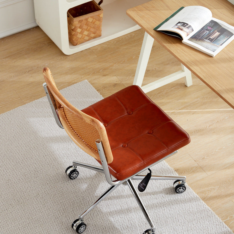 Contemporary Retro Weaving Rattan PU Steel Alloy Liftable Square Desk Chair Backrest For Home Office