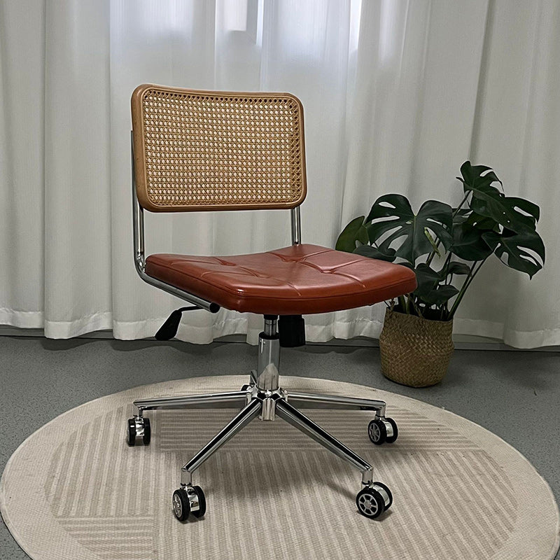 Contemporary Retro Weaving Rattan PU Steel Alloy Liftable Square Desk Chair Backrest For Home Office