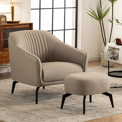 Contemporary Scandinavian Leather Wood Sponge Square Streak Accent Chair Footrest For Living Room