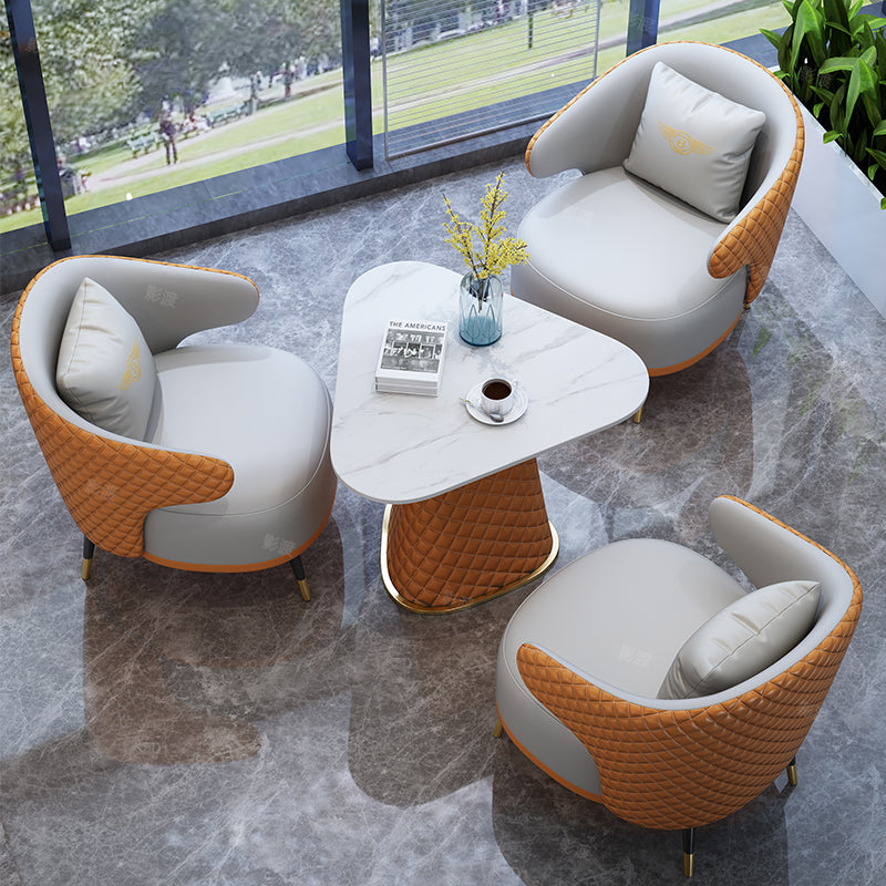 Contemporary Scandinavian Leather Wood Metal Slab Triangle Checkered Pattern Accent Chair & Table Set For Living Room