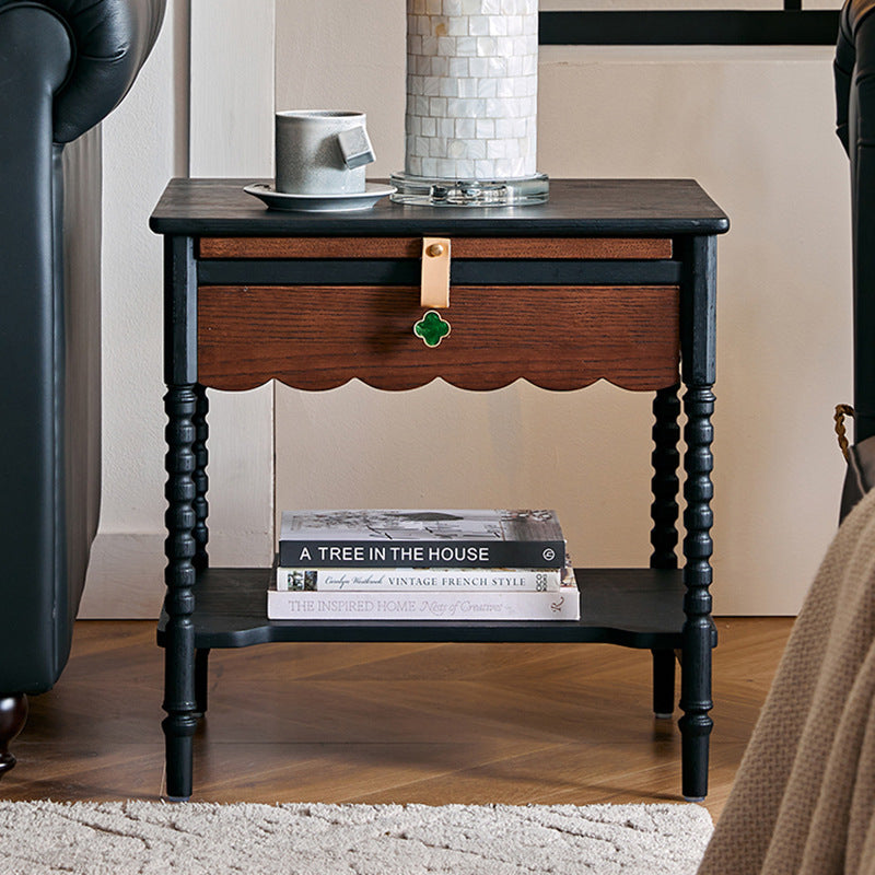 Traditional French Rectangular Wavy Wood Side Table 1-Drawer 2-Tier For Living Room