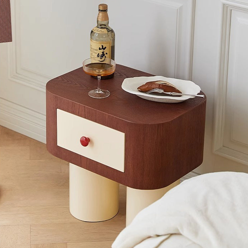 Contemporary Creative Rectangular Round Corner Cylinder Base Solid Wood Density Plank Nightstand For Bedroom