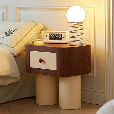 Contemporary Creative Rectangular Round Corner Cylinder Base Solid Wood Density Plank Nightstand For Bedroom