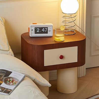 Contemporary Creative Rectangular Round Corner Cylinder Base Solid Wood Density Plank Nightstand For Bedroom