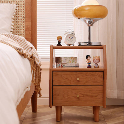 Traditional Japanese Trapezoidal Rectangular Solid Wood Nightstand 2-Tier 2-Drawer For Bedroom