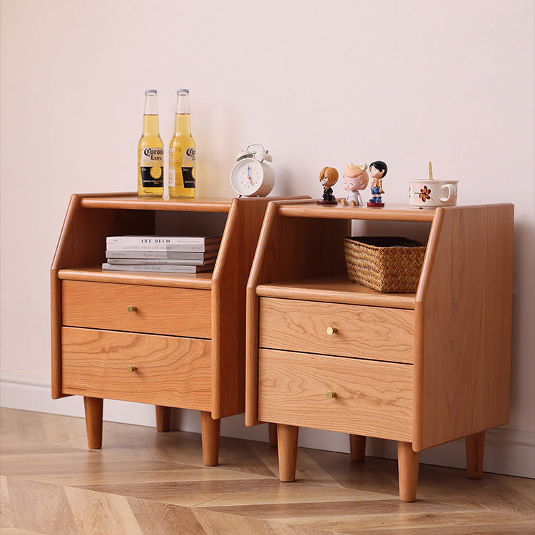 Traditional Japanese Trapezoidal Rectangular Solid Wood Nightstand 2-Tier 2-Drawer For Bedroom