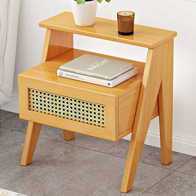 Modern Minimalist Rectangular Trapezoidal Nan Bamboo Plastic Nightstand 1-Drawer For Bedroom