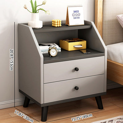 Modern Minimalist Rectangular Trapezoidal Artificial Panel PVC Nightstand 2-Drawer For Bedroom