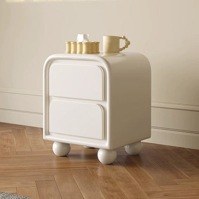 Modern Minimalist Cream Rectangular Round Corner Ball Base Solid Wood Nightstand 2-Drawer For Bedroom