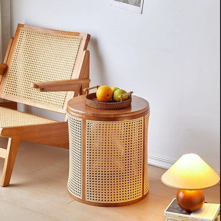 Traditional Japanese Cylinder Solid Wood Rattan End Table 1-Storage For Living Room