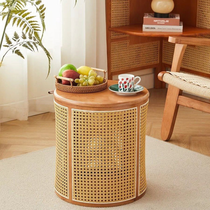 Traditional Japanese Cylinder Solid Wood Rattan End Table 1-Storage For Living Room