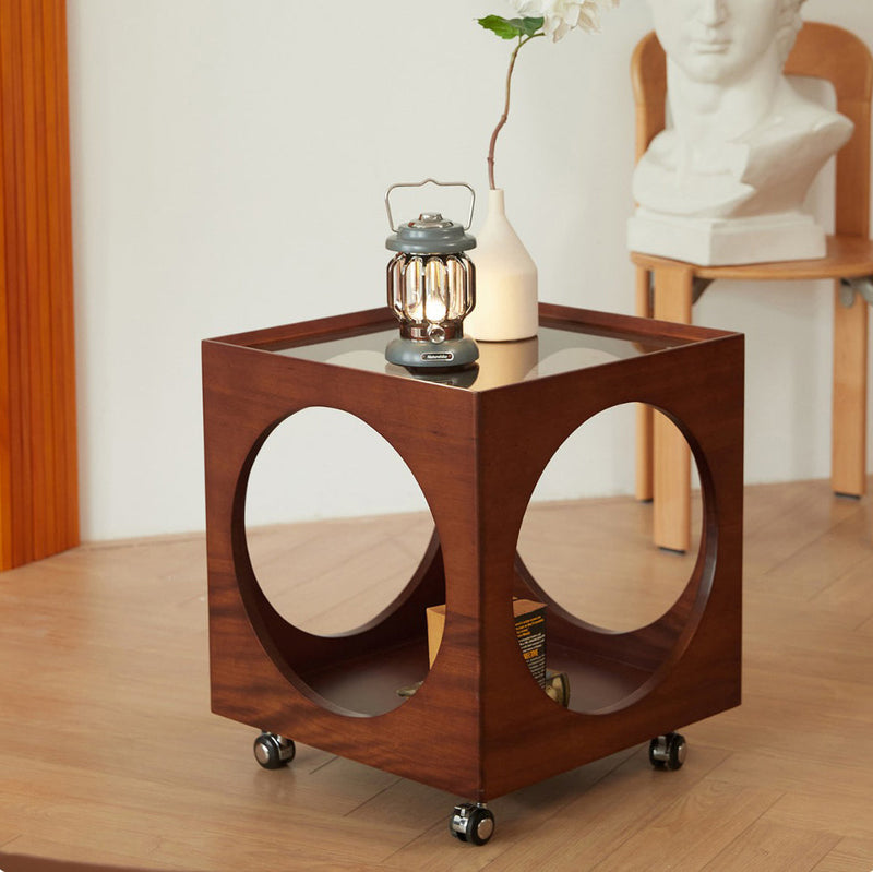 Modern Minimalist Removable Square Glass Wood End Table 2-Tier For Living Room