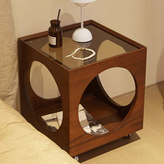 Modern Minimalist Removable Square Glass Wood End Table 2-Tier For Living Room