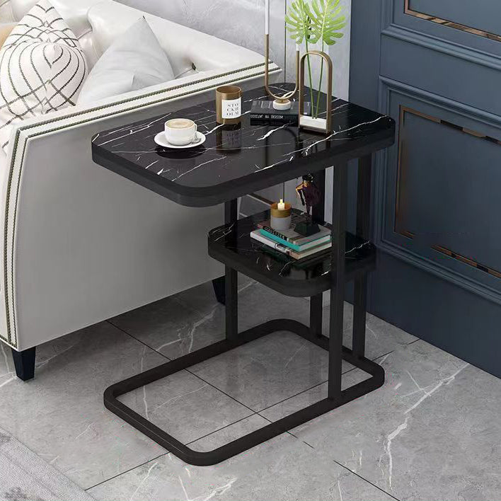 Modern Minimalist Rectangular Round Corner Marble Grain Density Board Steel Frame End Table 1/2 Tier For Living Room