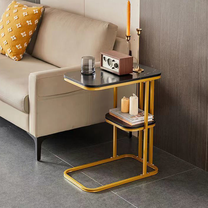 Modern Minimalist Rectangular Round Corner Marble Grain Density Board Steel Frame End Table 1/2 Tier For Living Room