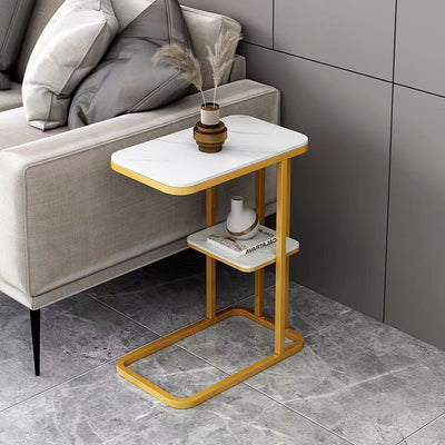 Modern Minimalist Rectangular Round Corner Marble Grain Density Board Steel Frame End Table 1/2 Tier For Living Room