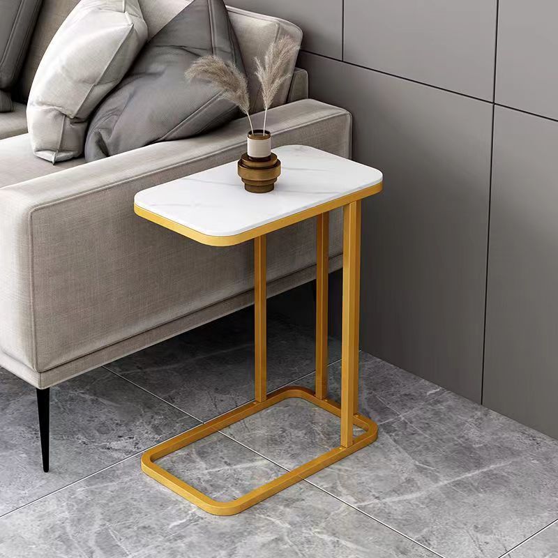 Modern Minimalist Rectangular Round Corner Marble Grain Density Board Steel Frame End Table 1/2 Tier For Living Room