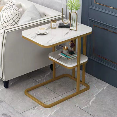 Modern Minimalist Rectangular Round Corner Marble Grain Density Board Steel Frame End Table 1/2 Tier For Living Room