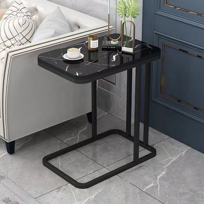 Modern Minimalist Rectangular Round Corner Marble Grain Density Board Steel Frame End Table 1/2 Tier For Living Room