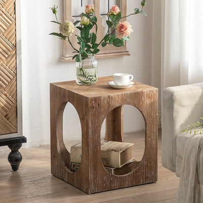 Traditional Japanese Square Wood End Table 2-Tier For Living Room