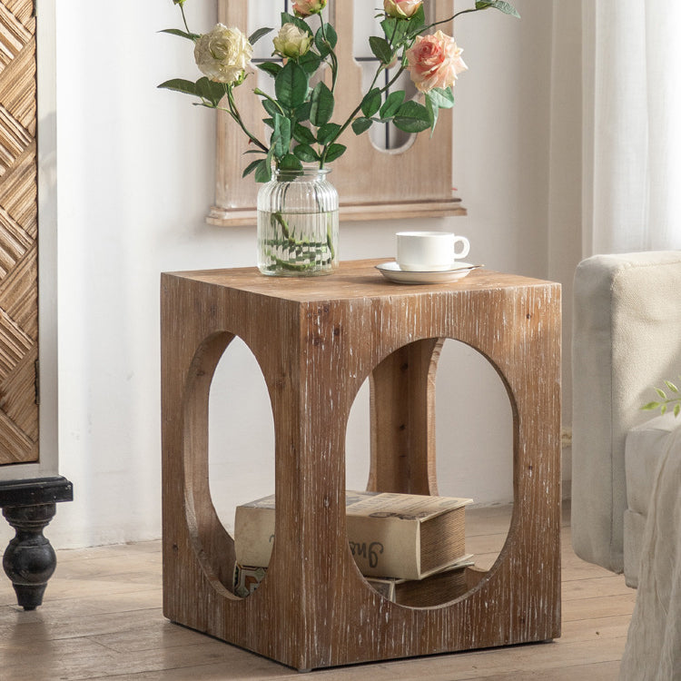 Traditional Japanese Square Wood End Table 2-Tier For Living Room