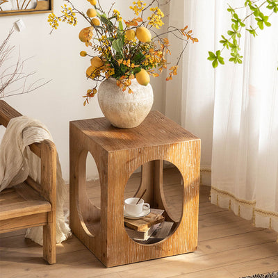 Traditional Japanese Square Wood End Table 2-Tier For Living Room