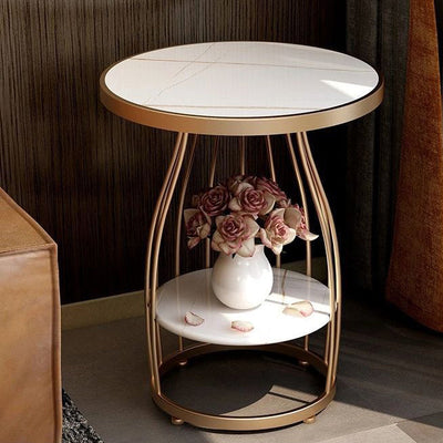 Contemporary Luxury Round Rock Slab Iron End Table 2-Tier For Living Room