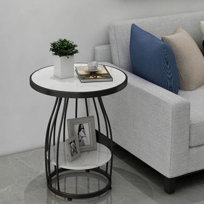 Contemporary Luxury Round Rock Slab Iron End Table 2-Tier For Living Room