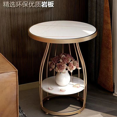 Contemporary Luxury Round Rock Slab Iron End Table 2-Tier For Living Room