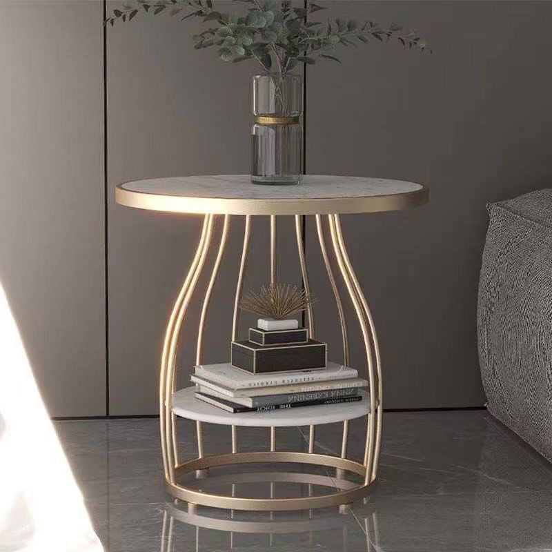 Contemporary Luxury Round Rock Slab Iron End Table 2-Tier For Living Room