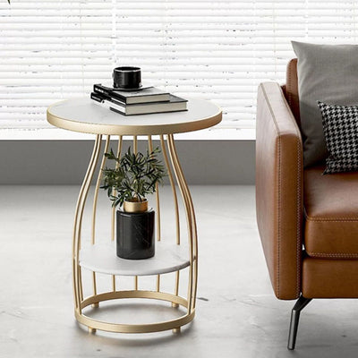 Contemporary Luxury Round Rock Slab Iron End Table 2-Tier For Living Room