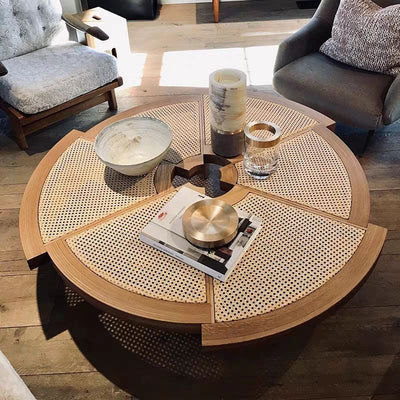 Traditional Japanese Round Rattan Wood Coffee Table 1-Tier For Living Room