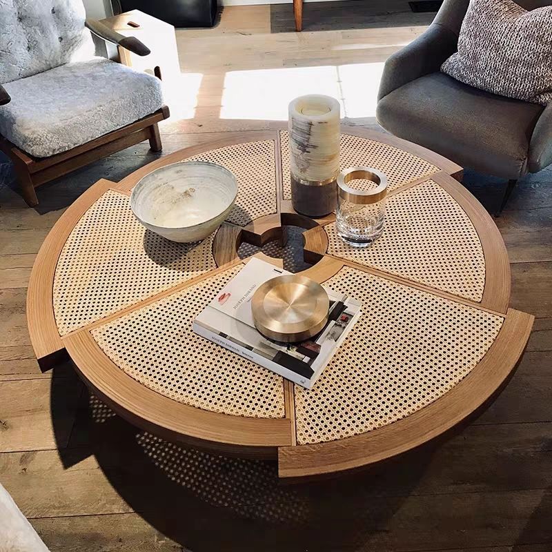 Traditional Japanese Round Rattan Wood Coffee Table 1-Tier For Living Room