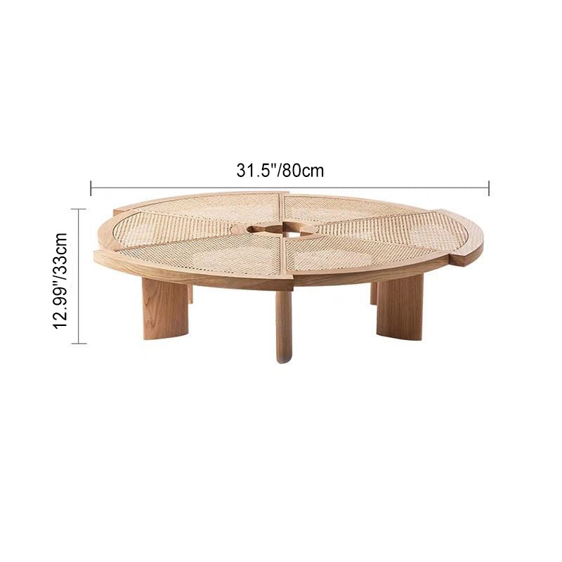 Traditional Japanese Round Rattan Wood Coffee Table 1-Tier For Living Room