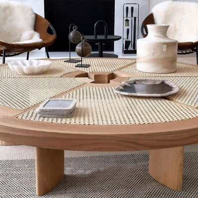 Traditional Japanese Round Rattan Wood Coffee Table 1-Tier For Living Room