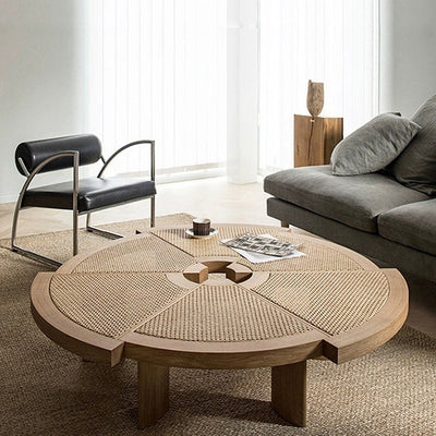 Traditional Japanese Round Rattan Wood Coffee Table 1-Tier For Living Room