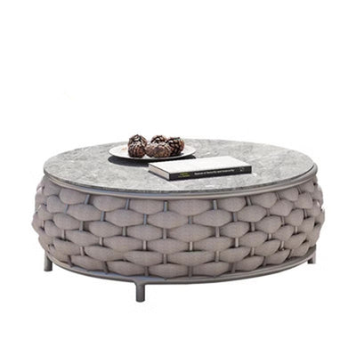 Contemporary Coastal Round Fabric Aluminum Rock Slab Coffee Table 1-Tier For Outdoor