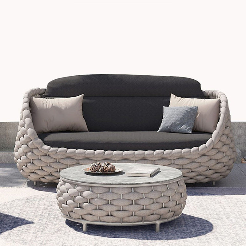 Contemporary Coastal Round Fabric Aluminum Rock Slab Coffee Table 1-Tier For Outdoor