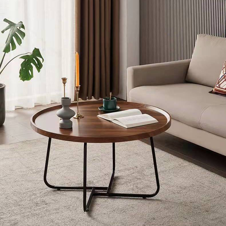 Contemporary Nordic Round Wood Iron Coffee Table 1-Tier For Living Room