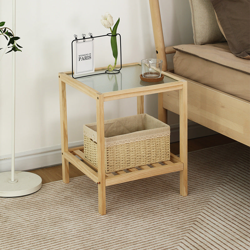 Traditional Japanese Square Wood Glass End Table 2-Tier For Living Room