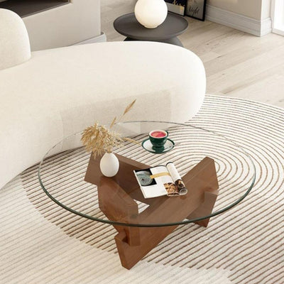 Contemporary Nordic Round Wood Glass Coffee Table 1-Tier For Living Room