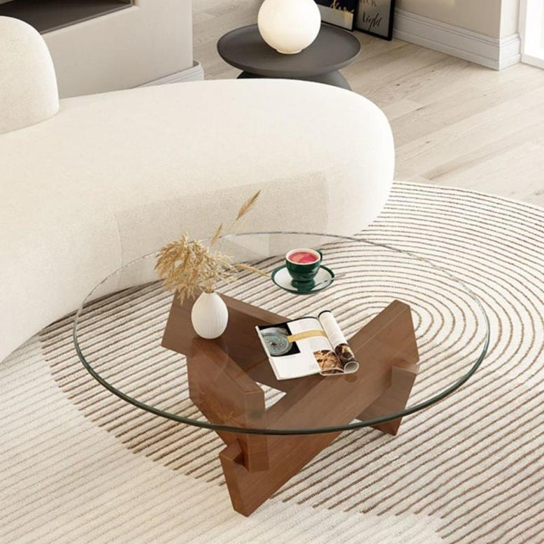 Contemporary Nordic Round Wood Glass Coffee Table 1-Tier For Living Room