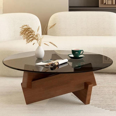 Contemporary Nordic Round Wood Glass Coffee Table 1-Tier For Living Room