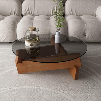 Contemporary Nordic Round Wood Glass Coffee Table 1-Tier For Living Room