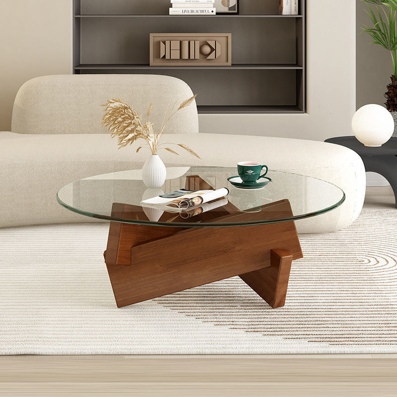 Contemporary Nordic Round Wood Glass Coffee Table 1-Tier For Living Room