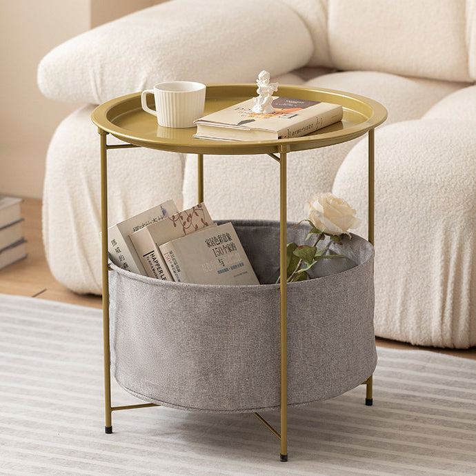 Modern Minimalist Round Iron Fabric End Table 2-Tier For Living Room