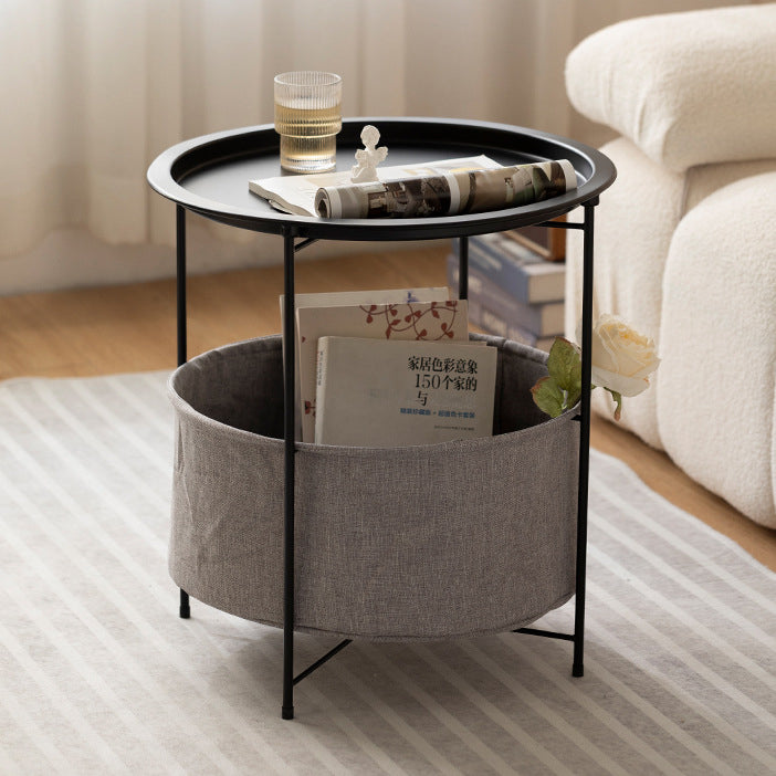 Modern Minimalist Round Iron Fabric End Table 2-Tier For Living Room