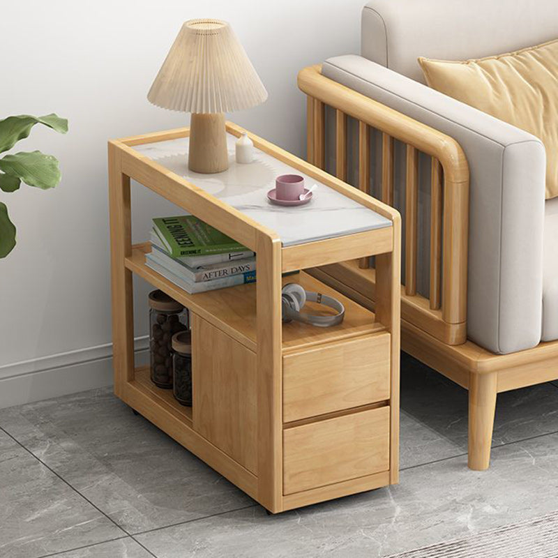 Table de bout rectangulaire en bois traditionnel japonais avec dalle de roche et 2 tiroirs pour le salon 