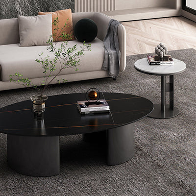 Contemporary Luxury Round Iron Rock Slab Coffee Table 1-Tier For Living Room